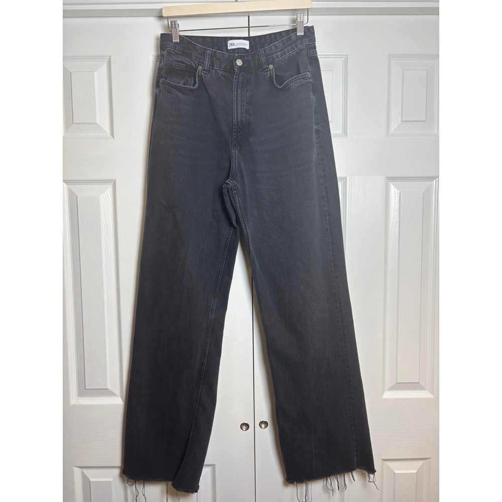 Zara High Waisted Wide Leg Jeans Faded Black Raw Hem Size 8 EUR 40
